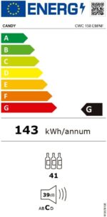 Candy DiVino CWC 150 EM/NF Weinkeller, 41 Flaschen, 39 dB, APP hOn, Vivino Technologie, Monozone, Schwarz, HxBxT 84,5x49x55 cm [Energieklasse G]