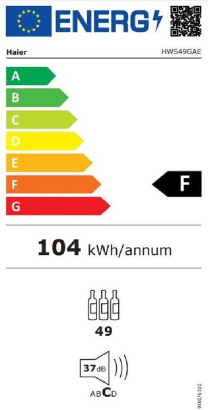 Haier Weinkühlschrank für 49 Flaschen – 1 Tür – Energieeffizienzklasse F – kalt statisch – Schwarz – 82 x 49,7 x 58,5 cm – Modell HWS49GAE
