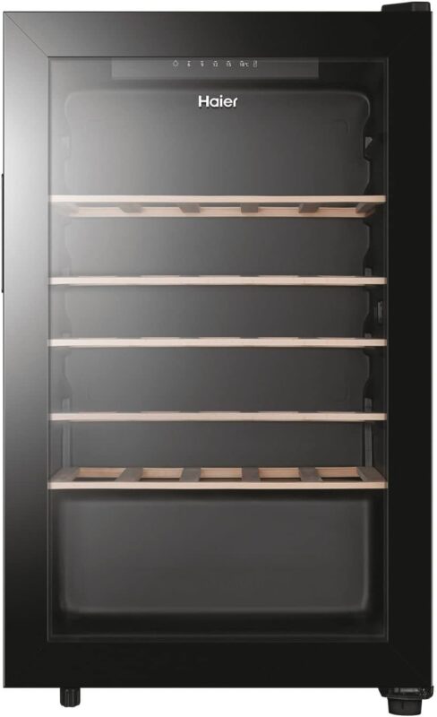 Haier HWS33GG Weinkühlschrank / 33 Flaschen / 83 cm Höhe / 1 Zone/UV undurchlässige Glastür / 5 Holzablagen/LED Beleuchtsystem/Vibrationsarmer Kompressor/hOn App, Schwarz