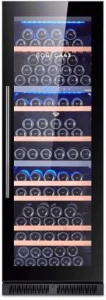 BODEGA43-145 Weinkühlschrank mit 3 Temperaturzonen, 145 Flaschen, 41 dB, Einbau und Freihstehend, Schwarze Vollglas-Designtür, 7 Ausziehbare Schubladen aus durchsichtig lackiertem Sapele Holz