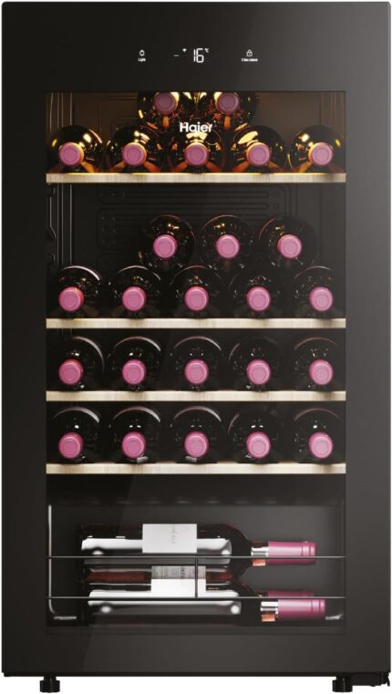 Haier Weinkühlschrank 50 SERIE 3 HWS34GGH1 I Weinklimaschrank für 34 Flaschen I Moderner Wine Fridge mit UV-Glastür & 5 Holzregalen I Wine Cooler mit Wi-Fi & Touch-Display I Vibrationsarme Lagerung