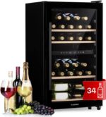 Klarstein Weinkühlschrank, Getränkekühlschrank Schmal, 2 Zonen Kühlschrank mit Glastür, Getränkekühlschränke Freistehend, Weinkühlschrank Klein, Weinkühlschränke mit UV-Schutz, 5-18°C, 34 Flaschen