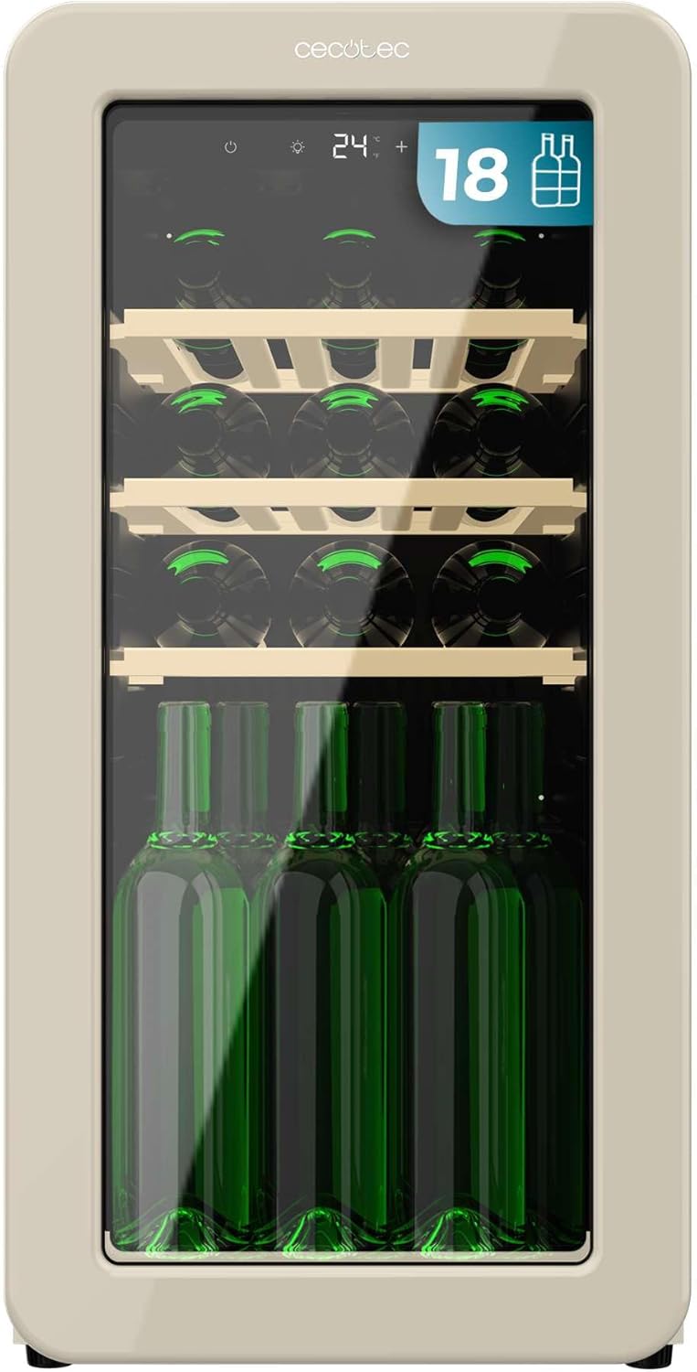 Cecotec Weinkühlschrank 18 Flaschen Retro Bolero Grandsommelier Origin 18 Hit Beige. Beige mit LED-Steuerung, Temp. 5-20ºC, Kompressor, NoFrost, Holzregale, Innenbeleuchtung, Belüftung