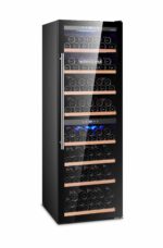 BODEGA43-145 Weinkühlschrank mit 3 Temperaturzonen, 145 Flaschen, 41 dB, Einbau und Freihstehend, Schwarze Vollglas-Designtür, 7 Ausziehbare Schubladen aus durchsichtig lackiertem Sapele Holz
