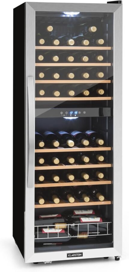 Klarstein Weinkühlschrank, Getränkekühlschrank Schmal, Kühlschrank mit Glastür, Getränkekühlschränke Freistehend, Weinkühlschrank Klein, Weinkühlschränke 2 Zonen, LED-Beleuchtung, 5-18 °C, 54 Flaschen