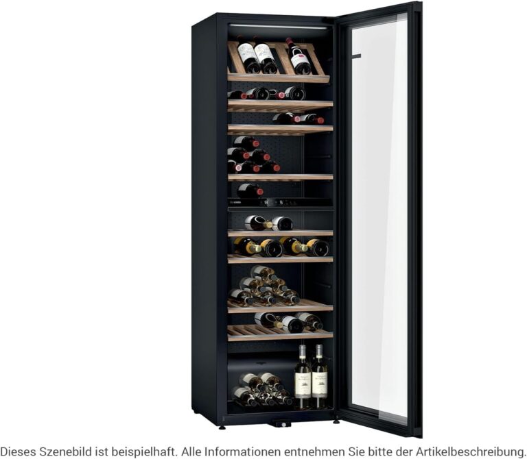Bosch KWK36ABGA Serie 6 Weinkühlschrank, 186 x 60 cm, 199 Flaschen, Temperatur: 5-20 °C, zwei Temperaturzonen, 405 L, LED-Beleuchtung gleichmäßige Ausleuchtung, ausschaltbares Präsenterlicht