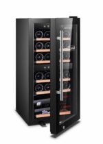 BODEGA43-145 Weinkühlschrank mit 3 Temperaturzonen, 145 Flaschen, 41 dB, Einbau und Freihstehend, Schwarze Vollglas-Designtür, 7 Ausziehbare Schubladen aus durchsichtig lackiertem Sapele Holz