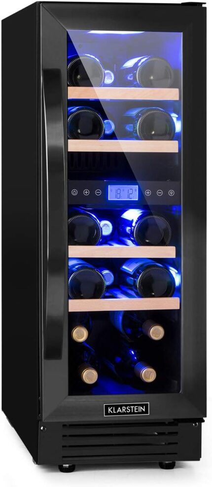 Klarstein Weinkühlschrank 2 Zonen, 53L Getränkekühlschrank, Kleiner Einbau-Weinschrank Schmal, Wein-Kühlschrank mit Glastür, Indoor/Outdoor Flaschenkühlschrank, Wine Fridge für 17 Flaschen, Schwarz