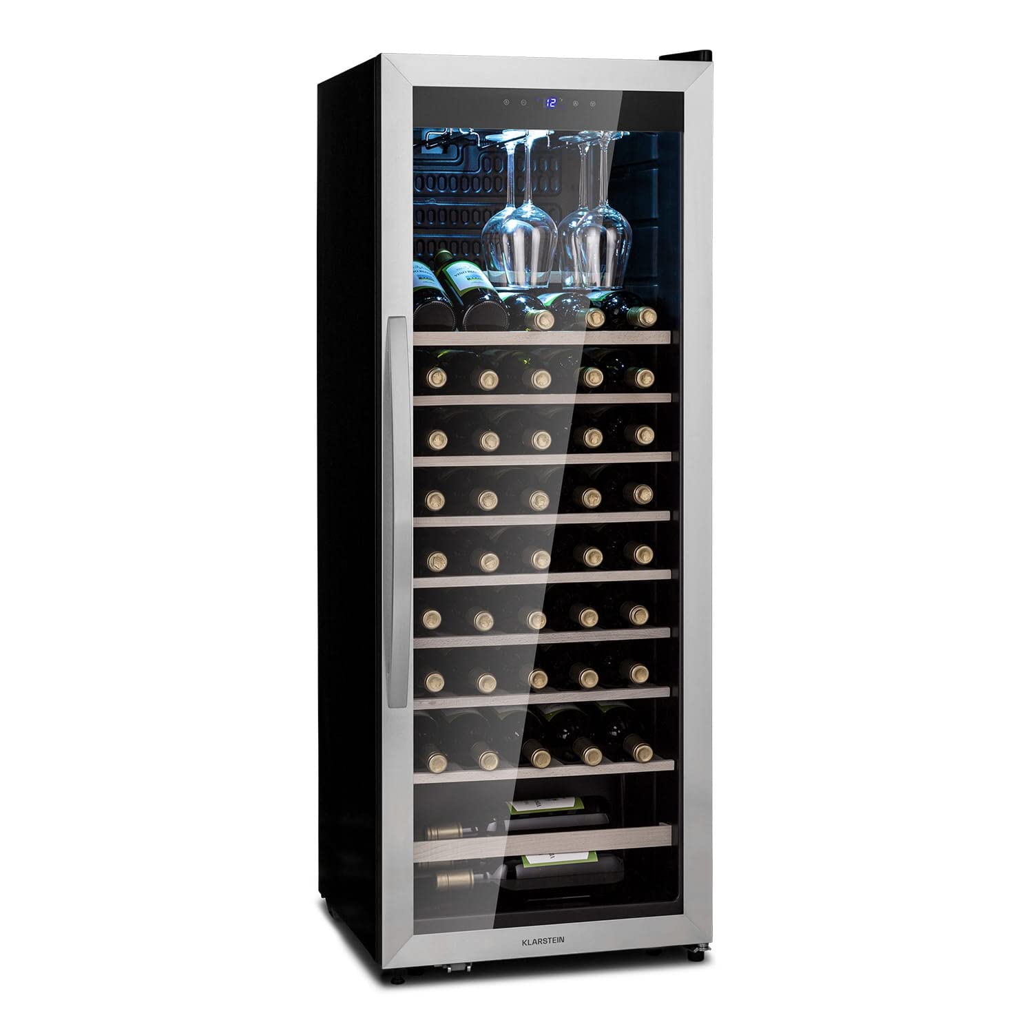 Klarstein Weinkühlschrank, Getränkekühlschrank Schmal, Kühlschrank mit Glastür, Getränkekühlschränke Freistehend, Weinkühlschrank Klein, Weinkühlschränke 2 Zonen, LED-Beleuchtung, 5-18 °C, 54 Flaschen
