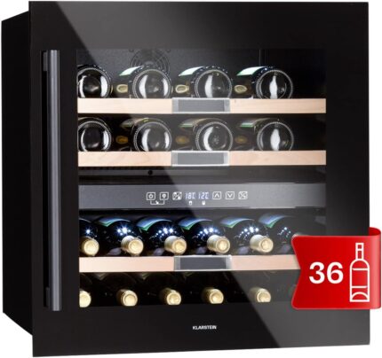 Klarstein Einbau-Weinkühlschrank, 2 Zonen Getränkekühlschrank Klein, Kleiner Weinschrank 85L, Wein-Kühlschrank Klein mit Glastür, Indoor/Outdoor Flaschenkühlschrank, Wine Fridge 36 Flaschen