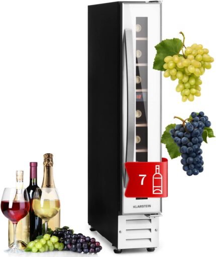 Klarstein Weinkühlschrank, 1 Zonen Getränkekühlschrank, Kleiner Einbau-Weinschrank Schmal, 20L Wein-Kühlschrank mit Glastür, Indoor/Outdoor Flaschenkühlschrank, Wine Fridge 5-22°C, 7 Flaschen