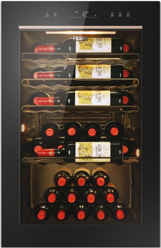 Haier Weinkühlschrank für 49 Flaschen – 1 Tür – Energieeffizienzklasse F – kalt statisch – Schwarz – 82 x 49,7 x 58,5 cm – Modell HWS49GAE