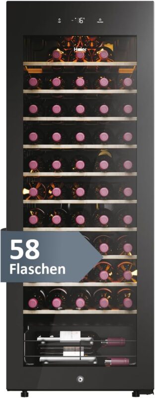 Haier Weinkühlschrank 50 SERIE 3 HWS58GGH1 I Weinklimaschrank für 58 Flaschen I Moderner Wine Fridge mit UV-Glastür & 10 Holzregalen I Wine Cooler mit Wi-Fi & Touch-Display I Vibrationsarme Lagerung