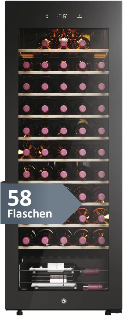 Haier Weinkühlschrank 50 SERIE 3 HWS58GGH1 I Weinklimaschrank für 58 Flaschen I Moderner Wine Fridge mit UV-Glastür & 10 Holzregalen I Wine Cooler mit Wi-Fi & Touch-Display I Vibrationsarme Lagerung