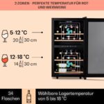 Klarstein Weinkühlschrank, Getränkekühlschrank Schmal, 2 Zonen Kühlschrank mit Glastür, Getränkekühlschränke Freistehend, Weinkühlschrank Klein, Weinkühlschränke mit UV-Schutz, 5-18°C, 34 Flaschen