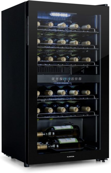 Klarstein Weinkühlschrank, 2 Zonen Getränkekühlschrank Klein, Freistehender Kleiner Weinschrank 80L, Wein-Kühlschrank mit Glastür, Indoor/Outdoor Flaschenkühlschrank, Wine Fridge 29 Flaschen