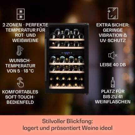 Klarstein Weinkühlschrank, Getränkekühlschrank Schmal, 2 Zonen Kühlschrank mit Glastür, Getränkekühlschränke Freistehend, Weinkühlschrank Klein, Weinkühlschränke mit UV-Schutz, 5-22 °C, 29 Flaschen