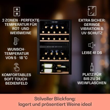 Klarstein Weinkühlschrank, Getränkekühlschrank Schmal, 2 Zonen Kühlschrank mit Glastür, Getränkekühlschränke Freistehend, Weinkühlschrank Klein, Weinkühlschränke mit UV-Schutz, 5-18°C, 34 Flaschen