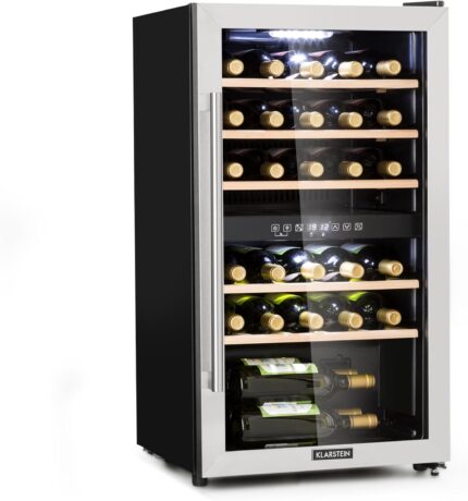 Klarstein Weinkühlschrank, Getränkekühlschrank Schmal, Kühlschrank mit Glastür, Getränkekühlschränke Freistehend, Weinkühlschrank Klein, Weinkühlschränke 2 Zonen, UV-Schutz, 5-22 °C, 29 Flaschen