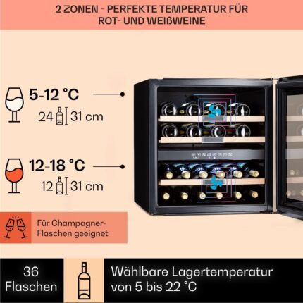 Klarstein Einbau-Weinkühlschrank, 2 Zonen Getränkekühlschrank Klein, Kleiner Weinschrank 85L, Wein-Kühlschrank Klein mit Glastür, Indoor/Outdoor Flaschenkühlschrank, Wine Fridge 36 Flaschen
