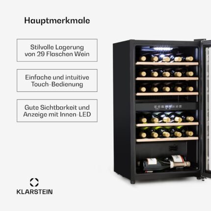 Klarstein Weinkühlschrank, Getränkekühlschrank Schmal, Kühlschrank mit Glastür, Getränkekühlschränke Freistehend, Weinkühlschrank Klein, Weinkühlschränke 2 Zonen, UV-Schutz, 5-22 °C, 29 Flaschen