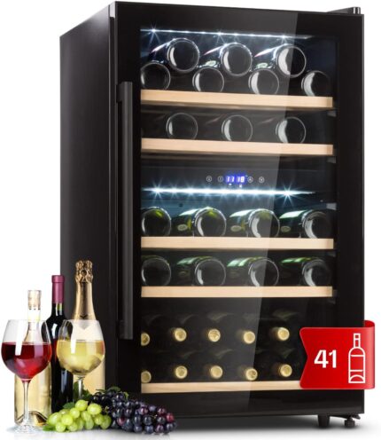 Klarstein Weinkühlschrank, Getränkekühlschrank Schmal, 2 Zonen Kühlschrank mit Glastür, Getränkekühlschränke Freistehend, Weinkühlschrank Klein, Weinkühlschränke mit UV-Schutz, 5-22 °C, 29 Flaschen