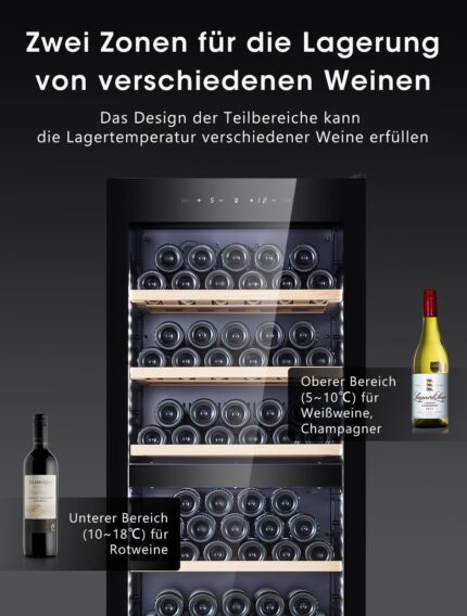 Kalamera Weinkühlschrank Upgrade, 84 Flaschen, 266 Liter, LED-Innenbeleuchtung Streifen, 2 Kühlzonen 5-10°C/10-18°C, KRC-266BFG