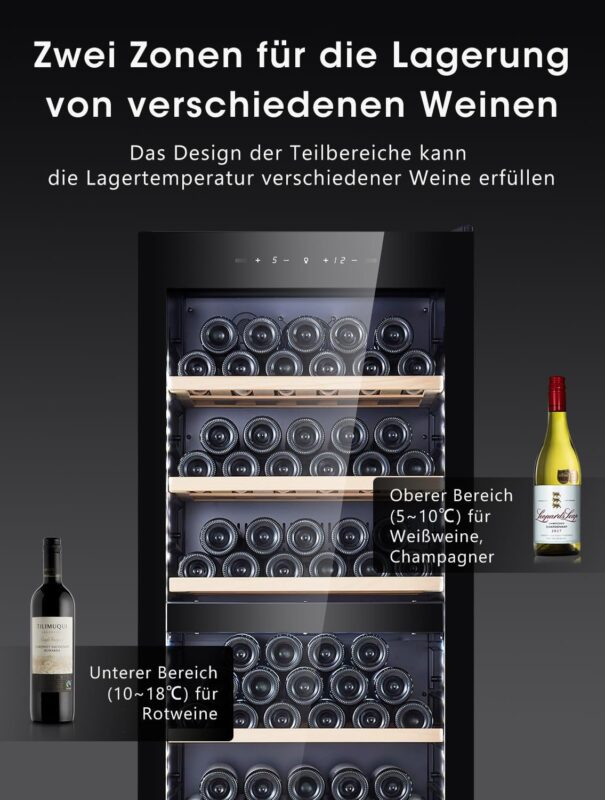 Kalamera Weinkühlschrank Upgrade, 84 Flaschen, 266 Liter, LED-Innenbeleuchtung Streifen, 2 Kühlzonen 5-10°C/10-18°C, KRC-266BFG