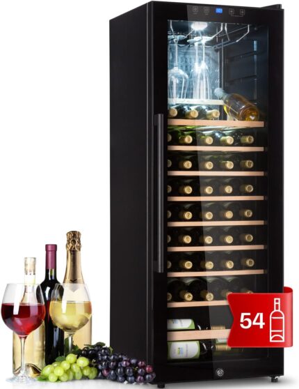 Klarstein Weinkühlschrank, Getränkekühlschrank Schmal, 1 Zone Kühlschrank mit Glastür, Getränkekühlschränke Freistehend, Weinkühlschrank Klein, Weinkühlschränke mit UV-Schutz, 4-18°C, 54 Flaschen