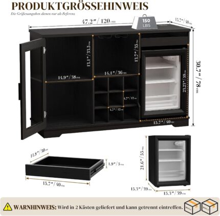 BROTTAR Barschrank mit Kühlschrank (inklusive), weinkühlschrank mit LED-Beleuchtung, Getränkeschrank Sideboard mit Bewegungssensor, Weinschrank für Wohnzimmer Küche Esszimmer (Schwarz)