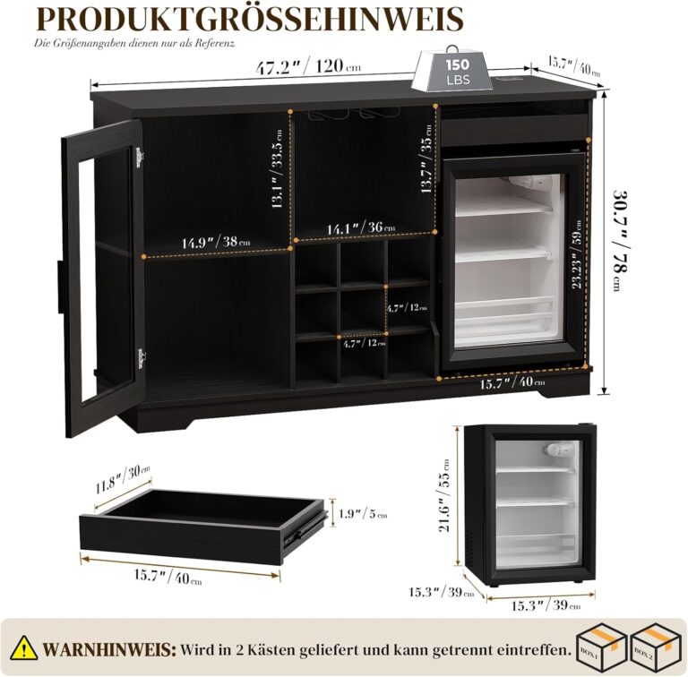 BROTTAR Barschrank mit Kühlschrank (inklusive), weinkühlschrank mit LED-Beleuchtung, Getränkeschrank Sideboard mit Bewegungssensor, Weinschrank für Wohnzimmer Küche Esszimmer (Schwarz)