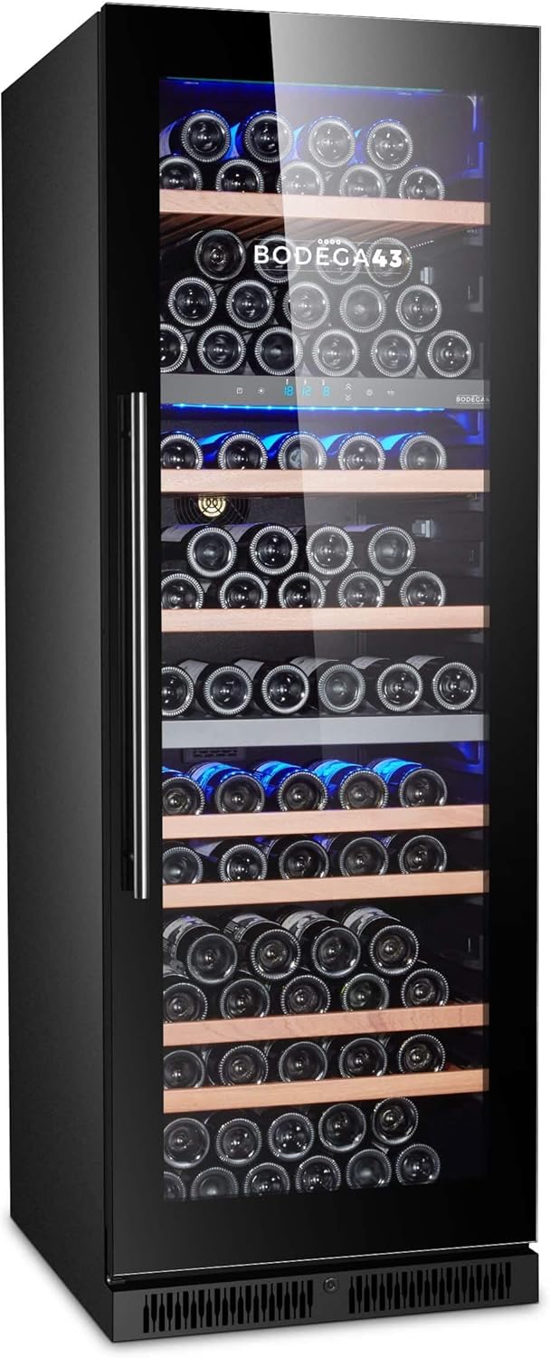 BODEGA43-145 Weinkühlschrank mit 3 Temperaturzonen, 145 Flaschen, 41 dB, Einbau und Freihstehend, Schwarze Vollglas-Designtür, 7 Ausziehbare Schubladen aus durchsichtig lackiertem Sapele Holz