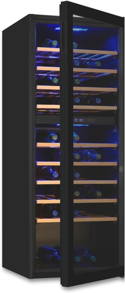 Exquisit Weinkühlschrank 2 Zonen, Platz für 78 Flaschen, 194 Liter, Umluftventilator, 9 Holzablagen, Digitale Temperaturanzeige, WS2-78-GTE-160G schwarz