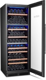 BODEGA43-145 Weinkühlschrank mit 3 Temperaturzonen, 145 Flaschen, 41 dB, Einbau und Freihstehend, Schwarze Vollglas-Designtür, 7 Ausziehbare Schubladen aus durchsichtig lackiertem Sapele Holz