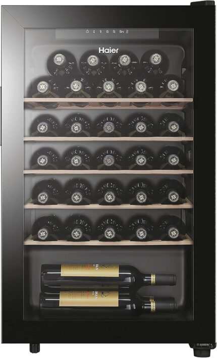 Haier HWS33GG Weinkühlschrank / 33 Flaschen / 83 cm Höhe / 1 Zone/UV undurchlässige Glastür / 5 Holzablagen/LED Beleuchtsystem/Vibrationsarmer Kompressor/hOn App, Schwarz