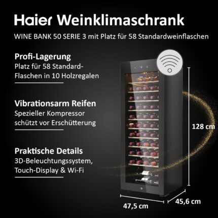 Haier Weinkühlschrank 50 SERIE 3 HWS58GGH1 I Weinklimaschrank für 58 Flaschen I Moderner Wine Fridge mit UV-Glastür & 10 Holzregalen I Wine Cooler mit Wi-Fi & Touch-Display I Vibrationsarme Lagerung