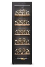 Haier HWS33GG Weinkühlschrank / 33 Flaschen / 83 cm Höhe / 1 Zone/UV undurchlässige Glastür / 5 Holzablagen/LED Beleuchtsystem/Vibrationsarmer Kompressor/hOn App, Schwarz